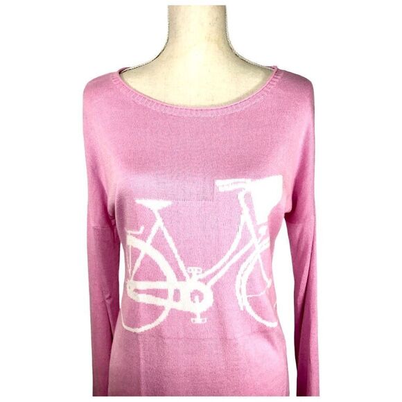 Dunffield Lane Pink Sweater Bicycle Print Silk Blend Barbie Pink Size Small - Picture 4 of 10
